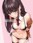  aqua_eyes arms_behind_back black_bra black_legwear black_panties bra breasts brown_hair butterfly_earrings closed_mouth comic_kairakuten detached_collar eyebrows_visible_through_hair gem homunculus_(artist) long_hair looking_at_viewer medium_breasts mini_necktie navel panties pink_background side-tie_panties simple_background sleeves_past_wrists smile solo sweat thighhighs underwear watermark 