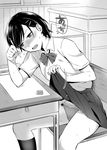  bangs blush chair classroom collared_shirt desk eraser fanning_crotch greyscale hair_ornament hairclip half-closed_eyes highres holding hot indoors kneehighs kyuuso_inukami lifted_by_self mechanical_pencil monochrome nose_blush open_mouth original panties pencil pleated_skirt school_chair school_desk school_uniform shirt short_hair short_sleeves sitting skirt skirt_lift solo speech_bubble underwear 