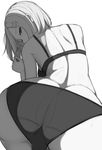  ass bikini black_bikini breasts cowboy_shot from_behind greyscale hair_ornament hairclip hamakaze_(kantai_collection) kantai_collection large_breasts looking_at_viewer looking_back monochrome samegami short_hair simple_background sketch solo swimsuit white_background 