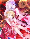  2girls :&lt; bare_arms blonde_hair commentary_request flandre_scarlet hair_between_eyes hat hat_ribbon highres indoors lavender_hair looking_at_viewer looking_back mob_cap multiple_girls object_hug phonograph pink_skirt red_eyes red_footwear red_ribbon red_skirt remilia_scarlet ribbon ribbon-trimmed_headwear ribbon_trim shoes siblings sisters sitting skirt sleeveless smile socks stairs stuffed_toy touhou white_hat white_legwear wrist_cuffs 