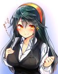  alternate_costume black_hair black_vest blush breasts collarbone commentary hair_between_eyes hairband haruna_(kantai_collection) headgear highres jewelry kantai_collection large_breasts long_hair long_sleeves office_lady ring shirt smile solo translated tsukui_kachou vest wedding_band white_shirt yellow_eyes 