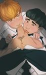  3boys black_hair credence_barebone fantastic_beasts_and_where_to_find_them fellatio licking multiple_boys newt_scamander penis percival_graves red_hair suit threesome tongue_out uncensored yaoi 
