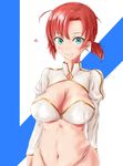  absurdres blue_eyes blush boudica_(fate/grand_order) breasts cleavage fate/grand_order fate_(series) green_eyes hentai_eikoku_shinshi highres large_breasts long_sleeves looking_at_viewer navel ponytail puffy_sleeves red_hair short_hair smile solo 