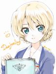  bangs blonde_hair blue_eyes blue_sweater book braid character_name closed_mouth commentary_request darjeeling dress_shirt emblem english eyebrows_visible_through_hair girls_und_panzer highres kuroi_mimei long_sleeves looking_at_viewer photo_album portrait school_uniform shirt short_hair simple_background smile solo st._gloriana's_(emblem) st._gloriana's_school_uniform sweater tied_hair twin_braids twitter_username v-neck white_background white_shirt 