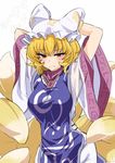  arms_behind_head arms_up bangs blonde_hair blush breasts commentary_request cowboy_shot dress fox_tail hat highres large_breasts looking_at_viewer multiple_tails pillow_hat rihito_(usazukin) see-through solo tabard tail tassel touhou wavy_mouth white_dress wide_sleeves yakumo_ran yellow_eyes 