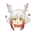  :d bangs beamed_eighth_notes bird_wings black_hair blunt_bangs chibi eighth_note empty_eyes eyebrows_visible_through_hair eyelashes feather_trim feathered_wings head_wings japanese_crested_ibis_(kemono_friends) kemono_friends long_hair lowres multicolored multicolored_wings music musical_note narita_imomushi no_nose open_mouth red_hair red_wings short_hair_with_long_locks sidelocks silver_hair simple_background singing smile solo upper_body white_background white_wings wings yellow_eyes 