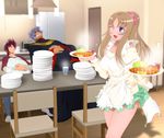  1girl 2boys apron aquila_yuna bangs bare_legs blonde_hair blue_eyes blush breasts chair clenched_teeth closed_mouth cup dish door eyes_closed fat food hair_scrunchie happy highres holding indoors large_breasts legs long_hair long_ponytail long_sleeves looking_at_another multiple_boys one_eye_closed open_mouth pegasus_koga ponytail purple_hair red_hair saint_seiya saint_seiya_omega scrunchie short_hair sitting skirt smile standing table thighs wink wooden_floor yadokari_genpachirou 