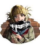  bangs blonde_hair blunt_bangs boku_no_hero_academia double_bun fitz_(fita_is_the_smartest) grey_sweater grin head_tilt highres holding holding_knife knife looking_at_viewer neckerchief red_neckwear sailor_collar school_uniform serafuku short_hair sidelocks simple_background smile solo sweater tied_hair toga_himiko upper_body white_background yellow_eyes 