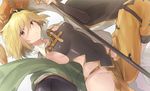  apsaras_(granblue_fantasy) blonde_hair breasts brown_eyes djeeta_(granblue_fantasy) dutch_angle granblue_fantasy hat looking_at_viewer medium_breasts naso4 parted_lips short_hair sideboob simple_background solo staff thighs white_background 