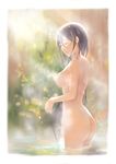  absurdres ass back black_hair blurry blurry_background blush border breasts closed_eyes convenient_censoring cowboy_shot day from_behind hair_between_eyes highres light_censor light_rays long_hair medium_breasts nude onsen original outdoors signature solo standing sunbeam sunlight very_long_hair wading water wet white_border yahiro_(666131415) 