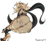  1girl absurdres anus ass ass_grab blonde_hair blush breasts butt_crack dark_skin female gravity_daze grin highres huge_ass kitten_(gravity_daze) long_hair looking_at_viewer looking_back midair pussy pussy_juice radlionheart red_eyes shiny shiny_skin small_breasts smile solo spread_anus spread_pussy uncensored 