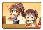  :d artist_name ashigara_(kantai_collection) brown_eyes brown_hair chibi commentary_request eating eighth_note fang hair_between_eyes hairband holding holding_spoon horned_headwear japanese_clothes kaga_(kantai_collection) kantai_collection long_hair long_sleeves multiple_girls musical_note open_mouth short_hair side_ponytail smile sparkle spoon taisa_(kari) tasuki white_hairband 