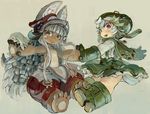  1other :3 :d animal_ears blush boots brown_eyes bunny_ears commentary_request ears_through_headwear ebimomo fang full_body furry gloves green_hair hands_together hat helmet looking_at_viewer made_in_abyss meinya_(made_in_abyss) monster_girl multicolored_hair nanachi_(made_in_abyss) open_mouth prushka red_eyes sidelocks smile two-tone_hair whiskers white_hair 