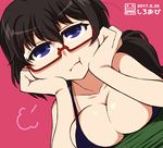  1girl blue_eyes blush breasts brown_hair cleavage girls_und_panzer glasses large_breasts oryou_(girls_und_panzer) solo 