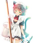  animal_ears blue_eyes blush bow breasts brown_hair bucket cat_ears cat_tail closed_mouth eyebrows_visible_through_hair gloves hair_ribbon highres holding holding_bucket looking_at_viewer maid maid_headdress medium_breasts multicolored multicolored_eyes original red_bow red_ribbon revision ribbon sheepd short_hair smile solo tail white_gloves yellow_eyes 