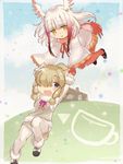  :d alpaca_ears alpaca_suri_(kemono_friends) animal_ears bangs bird_tail bird_wings black_eyes black_footwear black_hair blonde_hair blue_sky blunt_bangs blush boots border breasts building carrying cup day empty_eyes eyebrows_visible_through_hair feather_trim feathered_wings floating_hair flying full_body fur_collar fur_trim gloves gradient_hair grey_ribbon grey_vest hair_bun hair_over_one_eye holding_hands horizontal_pupils japanese_crested_ibis_(kemono_friends) kemono_friends leg_up long_hair long_sleeves looking_at_another looking_down mary_janes miniskirt multicolored multicolored_hair multicolored_wings multiple_girls narita_imomushi no_nose open_mouth orange_skirt outdoors pantyhose pink_ribbon pleated_skirt pocket raised_eyebrows red_gloves red_hair red_legwear red_ribbon red_wings ribbon shoes short_hair shorts sidelocks skirt sky small_breasts smile star tail twitter_username vest white_border white_hair white_legwear white_shorts white_wings wide_sleeves wings yellow_eyes 