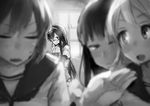  backlighting blurry_foreground closed_eyes commentary fubuki_(kantai_collection) glasses greyscale hairband half-closed_eyes hatsuyuki_(kantai_collection) kantai_collection ken_sogen long_hair looking_to_the_side monochrome multiple_girls nandeyanen neckerchief ooyodo_(kantai_collection) open_mouth school_uniform serafuku tsukkomi window 