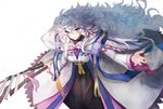  ahoge breasts fate/grand_order fate_(series) hood long_hair looking_at_viewer medium_breasts merlin_(fate) merlin_(fate/prototype) mins_(minevi) purple_eyes robe simple_background smile solo staff white_background white_hair 