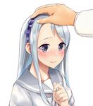  asymmetrical_bangs bad_id bad_pixiv_id bangs grey_sailor_collar hairband hand_on_another's_hat haregama_shiina highres kantai_collection long_hair petting purple_eyes purple_hairband sagiri_(kantai_collection) sailor_collar school_uniform serafuku silver_hair simple_background swept_bangs white_background 