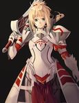  armor armored_dress black_background blonde_hair breastplate clarent cowboy_shot fate/apocrypha fate_(series) green_eyes highres holding holding_sword holding_weapon kinokuniii looking_at_viewer mordred_(fate) mordred_(fate)_(all) over_shoulder parted_lips ponytail simple_background smile smirk solo standing sword sword_over_shoulder weapon weapon_over_shoulder 