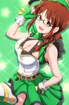  :d adjusting_eyewear akizuki_ritsuko antenna_hair boots braid breasts cleavage commentary_request fingerless_gloves glasses gloves green_background green_gloves green_hat hair_over_shoulder hand_on_hip hat idolmaster idolmaster_(classic) idolmaster_stella_stage light_blush long_hair medium_breasts open_mouth sidelocks single_braid smile solo sparkle_background star starry_background tengu_(tetuo_kun) thigh_boots thighhighs top!_clover 