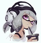  bangs bare_shoulders blunt_bangs commentary_request cup domino_mask drinking_straw eyelashes face grey_hair head_tilt headphones holding inkling isamu-ki_(yuuki) light_smile looking_at_viewer mask off-shoulder_shirt pale_skin parted_bangs purple_eyes shirt shirt_straps short_hair signature simple_background solo splatoon_(series) splatoon_2 suction_cups tentacle_hair 