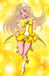  1girl aquila_yuna bike_shorts blonde_hair blue_eyes boots bowtie breasts choker cosplay cure_peace double_v earrings feet floating_hair full_body hair_ornament happy high_ponytail highres kise_yayoi legs long_hair looking_at_viewer open_mouth ponytail precure saint_seiya saint_seiya_omega simple_background smile smile_precure! solo standing thighs v yadokari_genpachirou yellow_background 