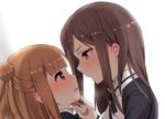  bangs beatrice_(princess_principal) blush brown_eyes brown_hair chin_grab dorothy_(princess_principal) eyebrows_visible_through_hair from_side imminent_kiss long_hair looking_at_another multiple_girls open_mouth princess_principal profile purple_eyes school_uniform simple_background sorimachi-doufu sweatdrop upper_body white_background yuri 