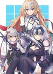  3girls bell black_gloves black_legwear blonde_hair blue_eyes breasts chain cleavage cleavage_cutout closed_mouth eyebrows_visible_through_hair fate/apocrypha fate/grand_order fate_(series) fur_trim gauntlets gloves headpiece highres jeanne_d'arc_(alter)_(fate) jeanne_d'arc_(fate) jeanne_d'arc_(fate)_(all) jeanne_d'arc_alter_santa_lily long_hair looking_at_viewer looking_to_the_side medium_breasts multiple_girls multiple_persona navel ribbon short_hair silver_hair sitting smile striped striped_ribbon thighhighs yellow_eyes 