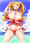  10s 1girl absurdres akiba&#039;s_trip akiba&#039;s_trip_the_animation areolae arisa_ahokainen bikini blonde_hair blue_eyes blush breasts collarbone doriruneko hair_ribbon highres huge_breasts long_hair looking_at_viewer micro_bikini midriff navel nipples open_mouth red_bikini red_ribbon ribbon shiny shiny_skin smile solo standing swimsuit tongue twintails 