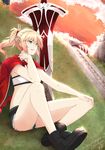  bandeau braid clarent cutoff_jeans cutoffs fate/apocrypha fate_(series) french_braid hand_on_own_knee highres jacket_on_shoulders mordred_(fate) mordred_(fate)_(all) planted_sword planted_weapon ponytail saco_(cgmore) solo stairs sword thighhighs weapon 