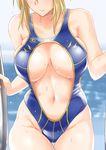  artoria_pendragon_(all) artoria_pendragon_(lancer) bangs bare_arms bare_shoulders blonde_hair blue_swimsuit blurry blurry_background braid breasts breasts_apart casual_one-piece_swimsuit center_opening climbing climbing_ladder close-up closed_mouth collarbone commentary cowboy_shot dripping expressionless fate/grand_order fate_(series) french_braid gachou groin large_breasts looking_at_viewer navel one-piece_swimsuit pool pool_ladder sideboob sidelocks solo swimsuit thigh_gap water_drop wet 