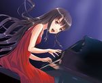  album_cover alternate_costume black_hair commentary_request cover dress houraisan_kaguya instrument kyuu_umi lipstick long_hair makeup music nib_pen_(medium) open_mouth piano piano_bench playing_instrument playing_piano red_dress red_eyes solo touhou traditional_media 