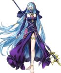  aqua_(fire_emblem_if) asymmetrical_legwear axe bangs bare_shoulders barefoot blue_skirt breasts dress elbow_pads fingerless_gloves fire_emblem fire_emblem_heroes fire_emblem_if full_body gloves highres holding holding_weapon kaya8 long_hair looking_at_viewer medium_breasts official_art polearm poleaxe see-through skirt solo standing thigh_strap transparent_background turtleneck veil very_long_hair weapon yellow_eyes 