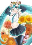  :d aqua_eyes aqua_hair aqua_nails aqua_neckwear arched_back armpits arms_up bad_hands bare_shoulders black_skirt blush breasts cowboy_shot detached_sleeves floral_background flower hair_flower hair_ornament halter_top halterneck hatsune_miku highres kntrs_(knyrs) long_hair long_sleeves looking_at_viewer looking_away medium_breasts nail_polish navel necktie open_mouth penetration_gesture pleated_skirt round_teeth shirt skirt smile solo stomach teeth thighhighs very_long_hair vocaloid white_shirt wide_sleeves zettai_ryouiki 
