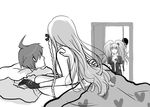  1boy 3girls ahoge bed black_hair breasts cushion danganronpa danganronpa_1 door enoshima_junko faceless gloves hanged ikusaba_mukuro implied_sex kirigiri_kyouko long_hair monochrome multiple_girls naegi_makoto noose pillow rope sheets short_hair suicide surprised tied_hair twintails 