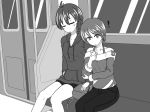  ! 2girls bangs bare_shoulders bike_shorts blush breasts cellphone cleavage collarbone denim door eyebrows_visible_through_hair eyes_closed female greyscale hair_between_eyes halcyon_(halcyon90) hand_in_pocket hand_up holding holding_cellphone holding_phone hood hoodie jeans legs_together looking_at_viewer monochrome multiple_girls off_shoulder open_mouth original pants phone shiny shiny_hair shirt short_hair sitting sleeping small_breasts train_interior window 