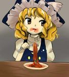  arm_at_side artist_request bangs blonde_hair blue_hat bow brown_eyes buttons crescent crescent_moon_pin eating food food_on_face fork frilled_hat frills hat hat_bow holding holding_fork kirisame_marisa legacy_of_lunatic_kingdom looking_to_the_side lowres official_style oota_jun'ya_(style) open_mouth parody pasta plate play puffy_short_sleeves puffy_sleeves short_hair short_sleeves solo source_request spaghetti table touhou uneven_eyes wavy_hair white_bow witch_hat yellow_eyes 