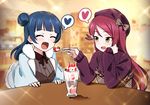  :d ^_^ beret blue_hair blurry blush brown_eyes closed_eyes commentary deadnooodles depth_of_field fang feeding food fruit hair_bun hat head_tilt heart highres holding holding_spoon indoors long_hair long_sleeves looking_at_another love_live! love_live!_sunshine!! multiple_girls open_mouth parfait red_hair sakurauchi_riko smile sparkle spoken_heart spoon strawberry table tsushima_yoshiko 