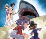  album_cover bikini black_bikini black_hair blonde_hair bow commentary_request cover glowing glowing_eyes great_white_shark hair_bow hat hat_ribbon kyuu_umi maribel_hearn mob_cap moriya_suwako multiple_girls nib_pen_(medium) open_mouth purple_hair purple_swimsuit red_eyes ribbon shark short_hair swimsuit teeth touhou traditional_media usami_renko yasaka_kanako 