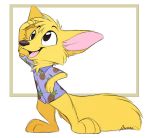 2018 anthro aseethe blonde_hair canine clothed clothing digital_media_(artwork) fluffy fluffy_tail fox fur hair male mammal open_mouth smile solo standing tongue yellow_fur 
