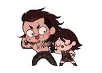  1girl beard belt biceps brother_and_sister chibi closed_eyes facial_hair final_fantasy final_fantasy_xv flexing gladiolus_amicitia highres hood hoodie iris_amicitia jewelry necklace pose priscilla_(bampshi) scarf short_hair siblings skirt sparkle tattoo wristband 