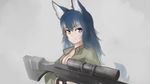  animal_ears bangs blue_eyes blue_hair breasts cleavage closed_mouth cosplay fingerless_gloves gloves green_jacket grey_background grey_wolf_(kemono_friends) gun heterochromia holding holding_gun holding_weapon jacket kemono_friends large_breasts long_sleeves looking_at_viewer metal_gear_(series) metal_gear_solid no_bra open_clothes open_jacket paintrfiend rifle scope smile sniper_rifle sniper_wolf sniper_wolf_(cosplay) solo tail trigger_discipline weapon wolf_ears wolf_girl wolf_tail yellow_eyes 