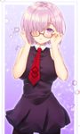  :o adjusting_eyewear bad_id bad_pixiv_id black-framed_eyewear black_dress blush border breasts cowboy_shot dress fate/grand_order fate_(series) glasses gradient gradient_background hair_over_one_eye hands_up highres kisshii_(kic1224) large_breasts looking_at_viewer mash_kyrielight necktie parted_lips pink_background pink_hair purple_eyes red_neckwear shiny shiny_hair short_hair sleeveless sleeveless_dress solo standing white_border 