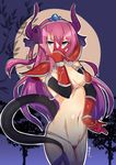  armor bangs bikini_armor blue_eyes blush branch breasts commentary covered_mouth cowboy_shot dragon_horns dragon_tail elbow_gloves elizabeth_bathory_(brave)_(fate) elizabeth_bathory_(fate)_(all) eyebrows_visible_through_hair fate/grand_order fate_(series) full_moon gauntlets gloves hair_between_eyes hairband hand_on_hip hand_over_face highres horn_ornament horns jewelry jojo_pose long_hair looking_at_viewer loose_clothes medium_breasts moon myumi navel outline pink_hair pointy_ears pose red_armor shoulder_armor silver_trim solo spaulders standing tail tree twitter_username white_outline 