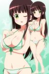  ;d arm_behind_back bangs bikini blunt_bangs blush breasts brown_hair cleavage closed_mouth collarbone cowboy_shot eyebrows_visible_through_hair front-tie_bikini front-tie_top full_body gochuumon_wa_usagi_desu_ka? gradient gradient_background green_bikini green_eyes groin hand_on_own_chest hera_(hara0742) highres large_breasts long_hair looking_at_viewer navel one_eye_closed open_mouth outline shiny shiny_skin side-tie_bikini smile standing star starry_background stomach swimsuit two-tone_background ujimatsu_chiya white_outline zoom_layer 