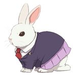  animal animalization black_eyes blazer bunny closed_mouth clothed_animal crescent crescent_moon_pin full_body ito_(itokayu) jacket long_sleeves necktie no_humans pink_skirt pleated_skirt red_neckwear reisen_udongein_inaba reisen_udongein_inaba_(bunny) school_uniform simple_background skirt touhou whiskers white_background white_fur wing_collar 