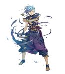  blue_hair book circlet fire_emblem fire_emblem_heroes fire_emblem_if full_body highres jewelry male_focus necklace official_art one_eye_closed sandals shigure_(fire_emblem_if) solo standing teeth torn_clothes transparent_background yellow_eyes yura_(ub4u) 
