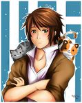  1boy axis_powers_hetalia blush brown_hair cat greece_(hetalia) green_eyes male_focus open_shirt shirt 