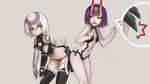  2girls ass asymmetrical_gloves bandaged_arm bandages bangs bare_arms bare_shoulders black_legwear black_panties black_shirt breasts bumping cleavage_cutout clenched_hands closed_mouth cropped_shirt d: dagger diadem eyeshadow fang fate/apocrypha fate/grand_order fate_(series) fingerless_gloves gem gloves grey_background hair_between_eyes hands_up highres horns jack_the_ripper_(fate/apocrypha) leaning_forward looking_at_another looking_at_viewer makeup midriff multiple_girls navel oni oni_horns open_mouth paintrfiend panties revealing_clothes shirt short_hair shoulder_tattoo shuten_douji_(fate/grand_order) simple_background single_fingerless_glove single_glove small_breasts standing tattoo thighhighs underwear weapon white_hair yellow_eyes 